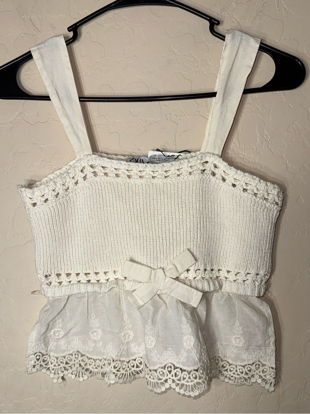 Zara NWT Cream Crochet Knit Embroidered Lace Peplum Crop Top Size Small